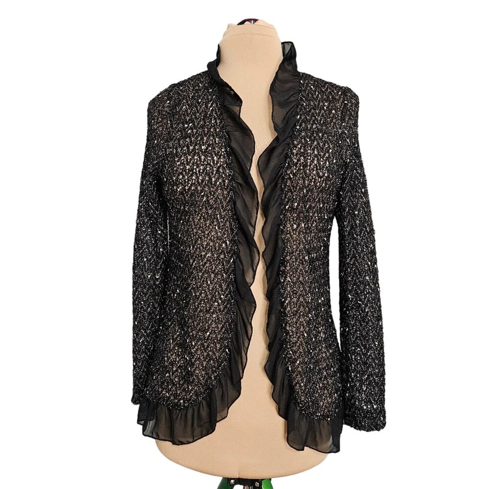 Vintage Cardigan Womens Medium Black Metallic Chiffon Trim Dressy‎ Knit Sweater
